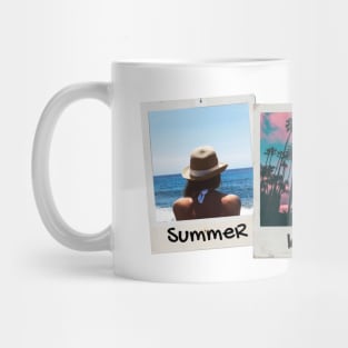 Summer Keep Going // Polaroid photo and inscription. Girl with a hat sits on the shore. Coconut palm. Pink clouds. Surfing woman Mug